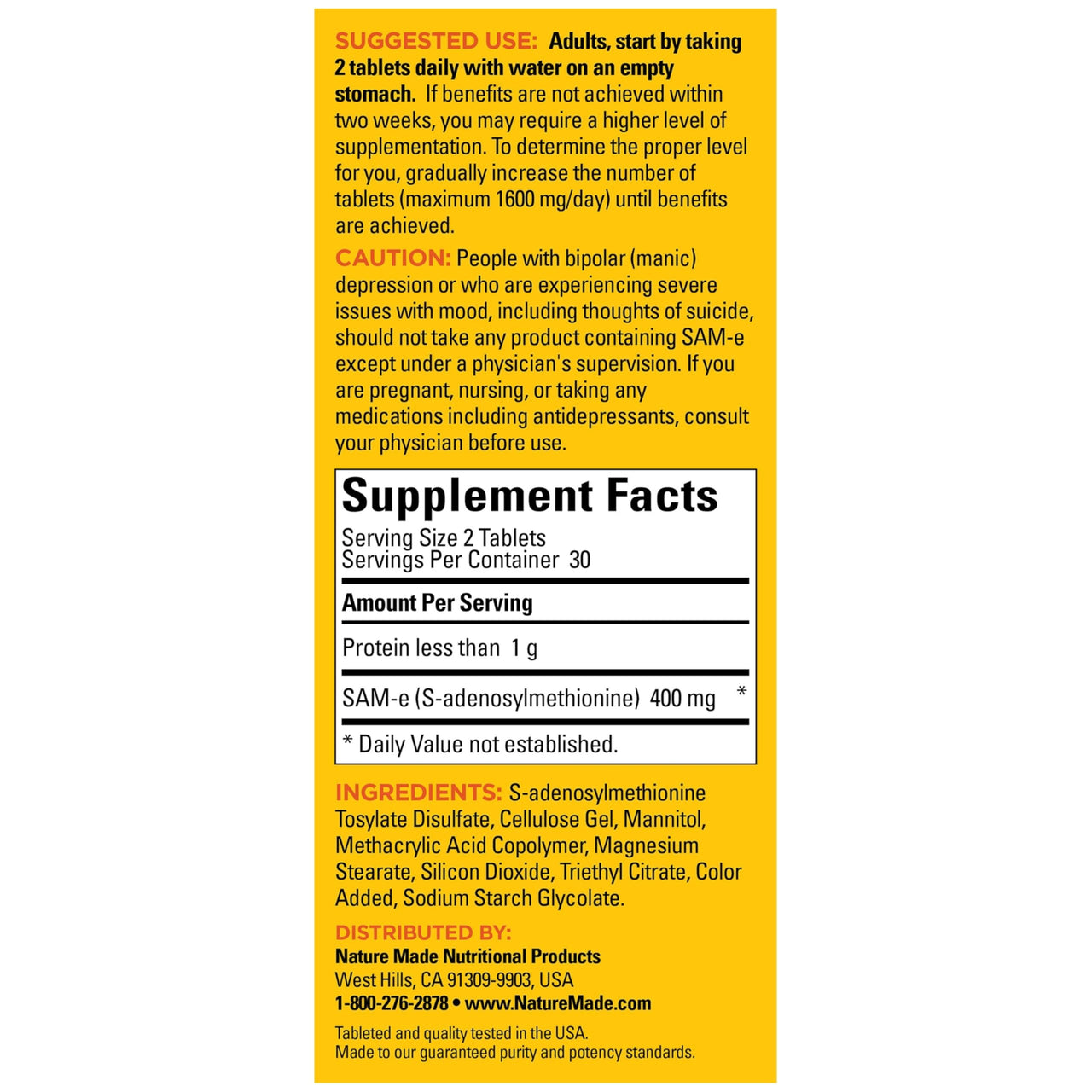 Nature Made SAM-e 200mg Complete, Dietary SAM-e Supplement for Mood Support, 60 Tablets, 30 Day Supply