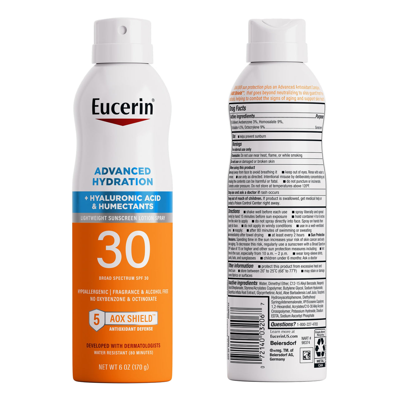 Eucerin Advanced Hydration SPF 30 Sunscreen Spray, Lightweight Spray Sunscreen with Hyaluronic Acid and Humectants, Hypoallergenic, Fragrance and Alcohol Free, 6 Oz Bottle