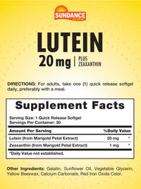 Thumbnail for Sundance Lutein 20mg | 30 Softgels | with Zeaxanthin | Non-GMO and Gluten Free Supplement
