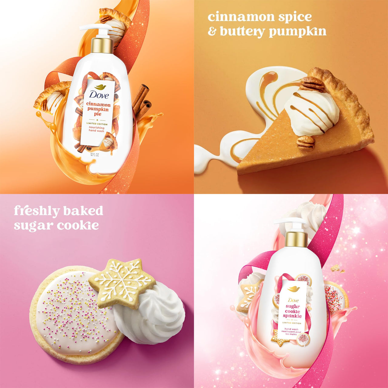Dove Hand Soap, Holiday Treats Variety 3-Pack – Cinnamon Pumpkin Pie, Peppermint Bark & Sugar Cookie Sprinkle, Gifts for Women, 12 Fl Oz Ea