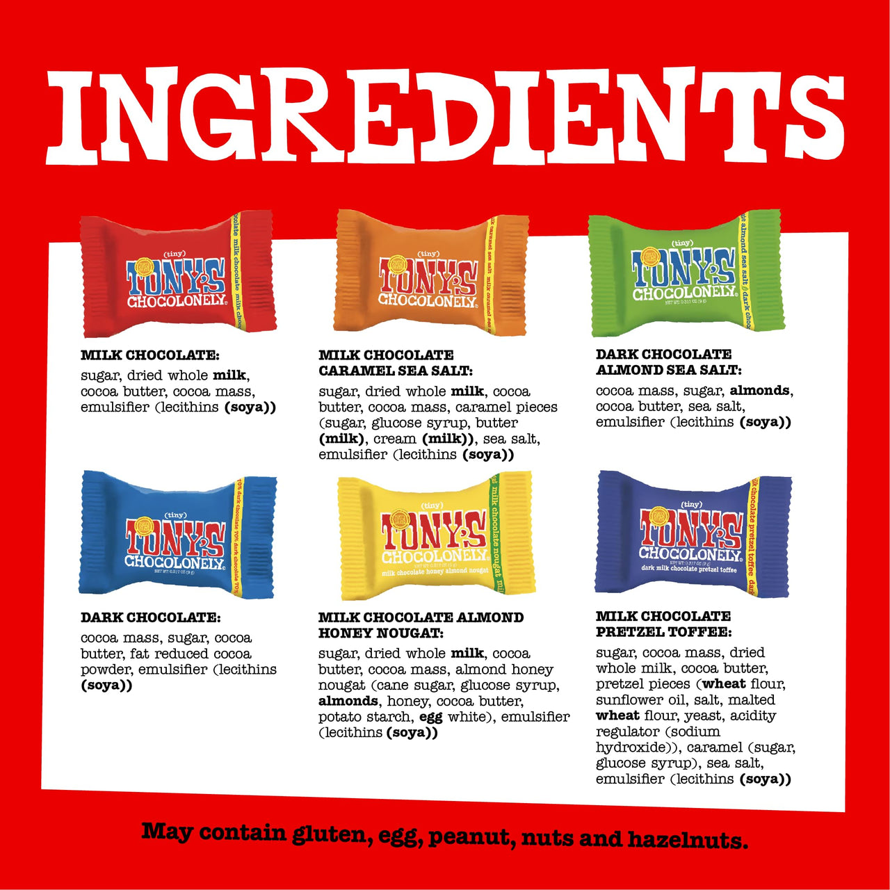 Tony’s Chocolonely Assorted Chocolate Candy Pieces, Belgian Milk & Dark Chocolate, Caramel Sea Salt, Almond Sea Salt, Honey Almond Nougat, Pretzel Toffee, Made From Quality Fairtrade Cocoa, 4.44 Oz