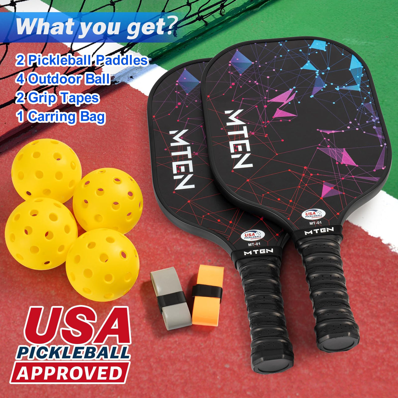 MTEN Pickleball Paddles Set of 2, USAPA Approved Fiberglass Surface Pickleball Set with 2 Pickleball Rackets,4 Pickleball Balls,1 Portable Carry Bag, Pickle Racket Set for Men Women