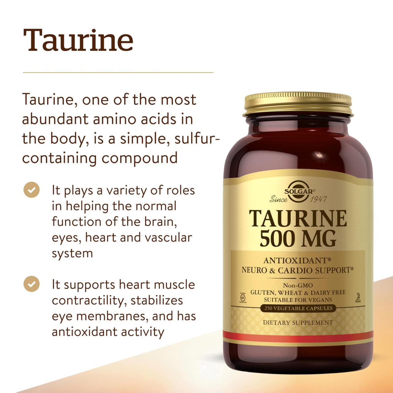 Solgar Taurine 500 mg, 250 Vegetable Capsules - Antioxidant - Brain Health - Amino Acid - Vegan, Gluten Free, Dairy Free, Kosher - 250 Servings