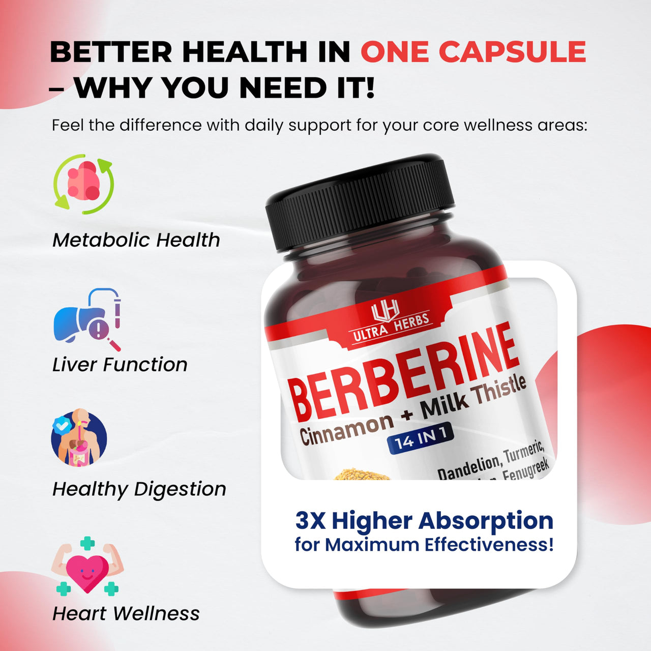 Ultra Herbs Premium Berberine with Cinnamon, Milk Thistle - Promotes Liver Function, Gut Health, Immunity (150 Count (Pack of 1))