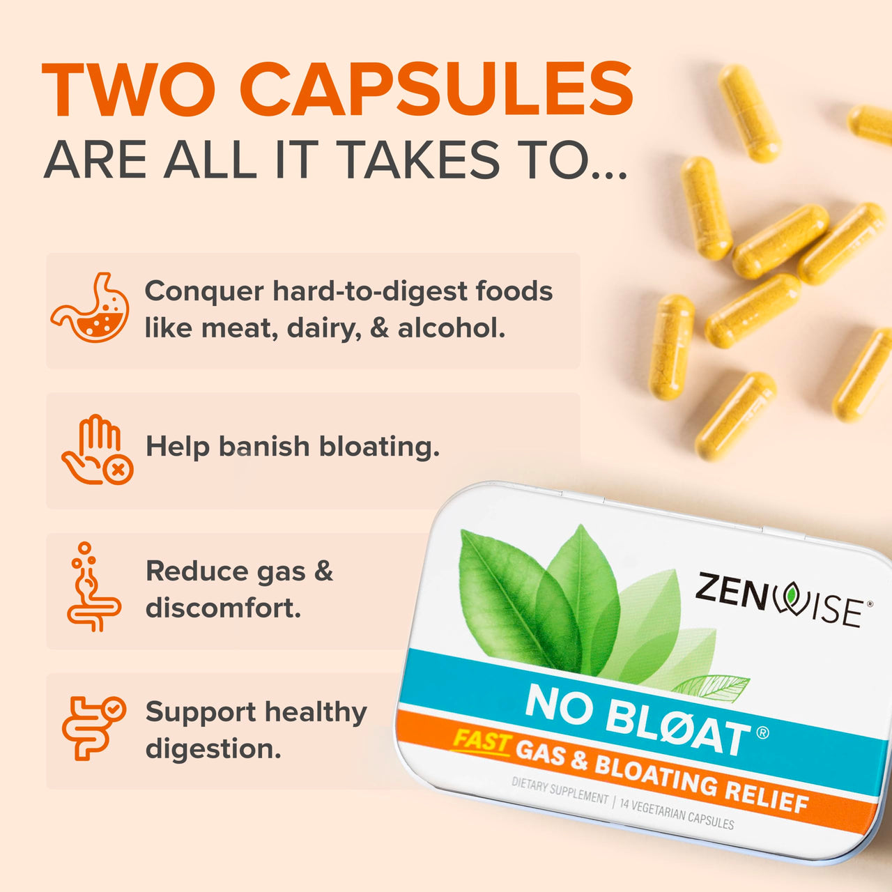 Zenwise Health No Bloat Probiotics for Women and Men Digestive Health with Ginger, Dandelion, and Lactase, Digestive Enzymes for Gas and Bloating Relief - Vegan Water Retention Pills - 14 CT
