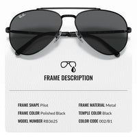 Thumbnail for Ray-Ban RB3625 NEW AVIATOR Pilot Shaped Non-Polarized Sunglasses for Men & Women – Includes Official RAYBAN Eyewear Kit – Ideal Formal & Casual Wear Sunglasses – Dark Grey Lens
