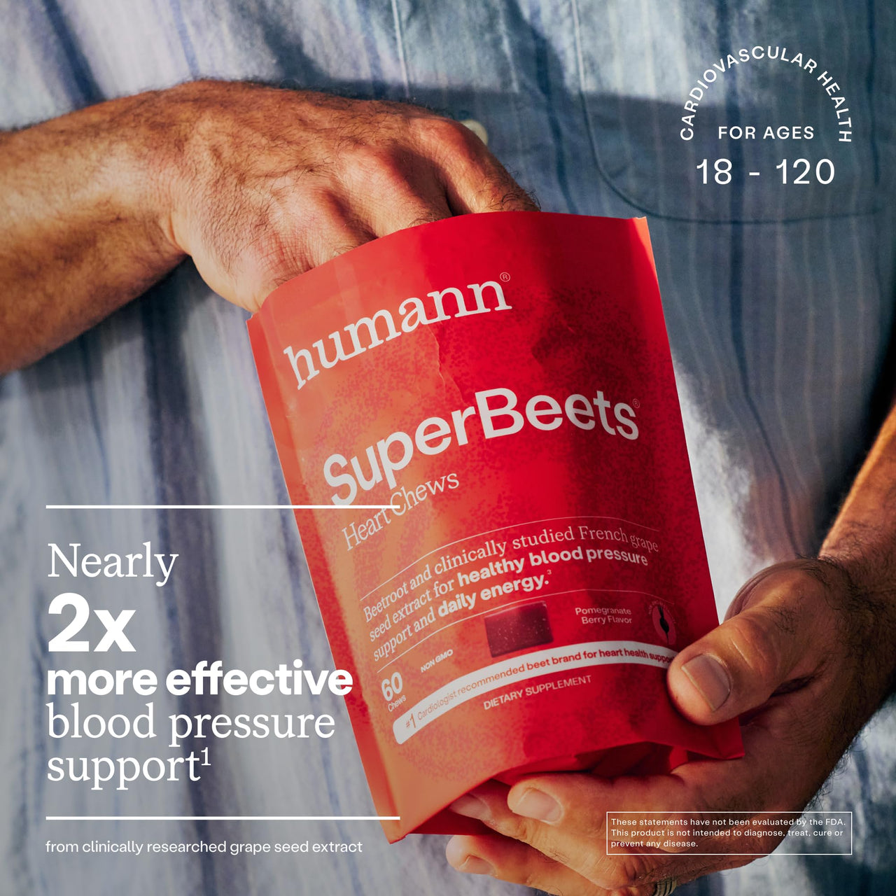 Humann SuperBeets Heart Chews, Nitric Oxide and Blood Pressure Support, Grape Seed Extract & Non-GMO Beet Root Powder Energy Supplement, Pomegranate Berry Flavor, 60 Count
