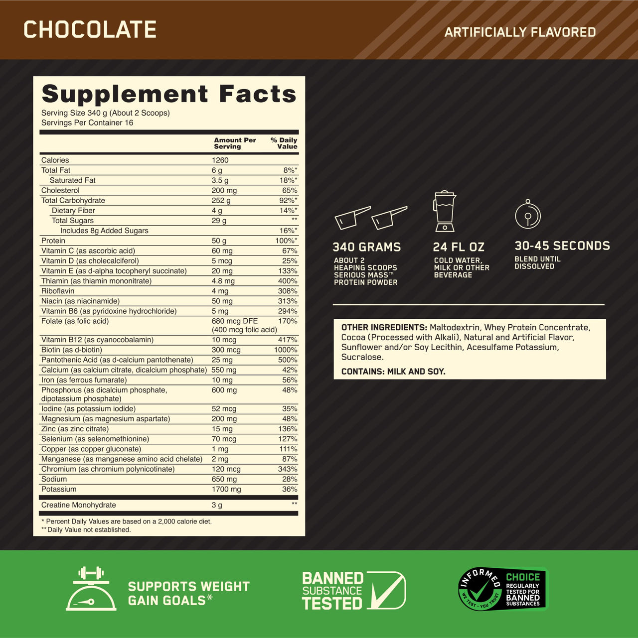Optimum Nutrition Serious Mass Weight Gainer Protein Powder, Chocolate 12LB
