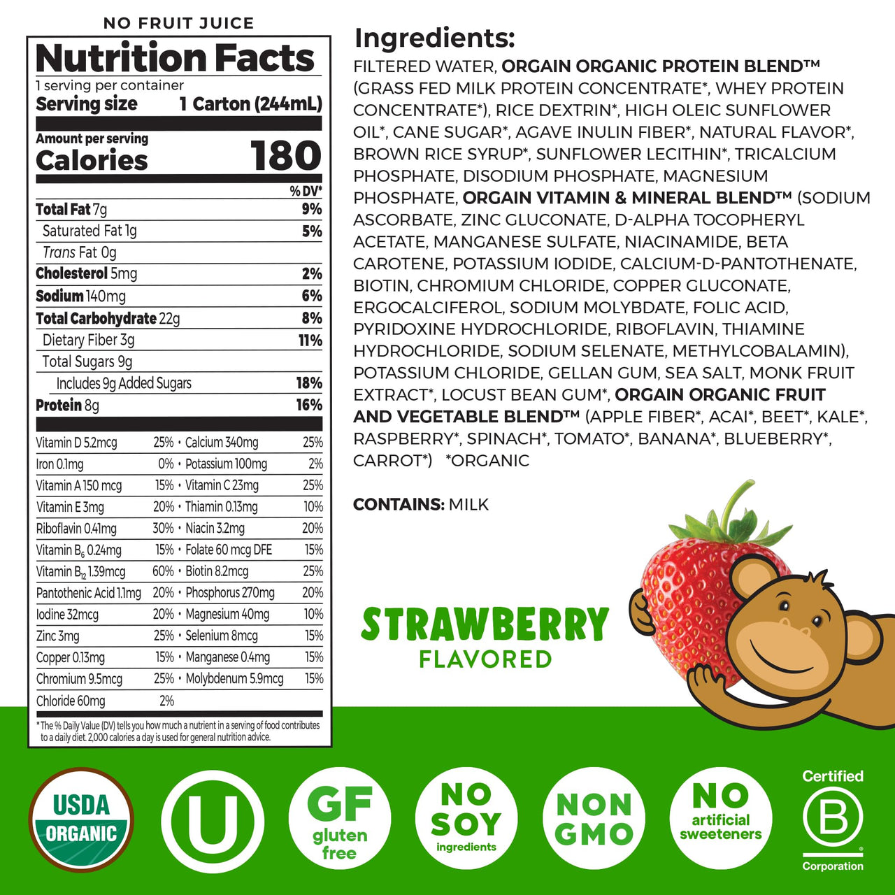 Orgain Organic Kids Nutritional Protein Shake, Strawberry, Healthy Kids Snacks, 8g Dairy Protein, 3g of Fiber, 22 Vitamins & Minerals, No Soy ingredients, Gluten Free, Non-GMO, 8.25 Fl Oz (Pack of 12)
