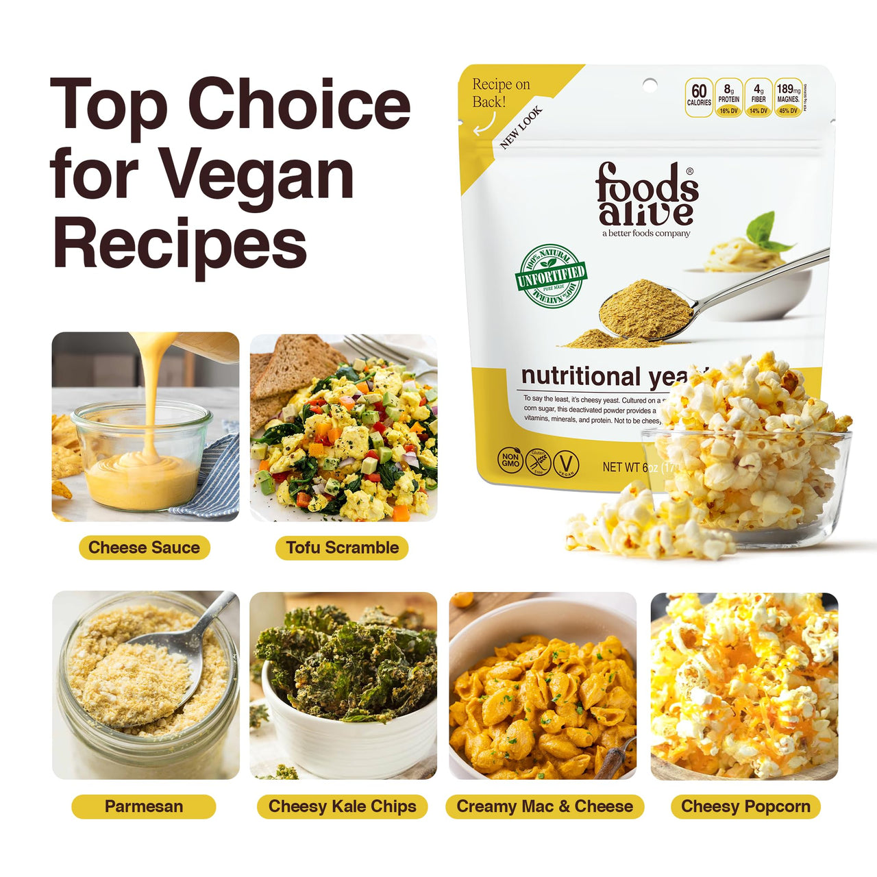 Foods Alive Nutritional Yeast Flakes – 6oz Pouch | Non-Fortified, Vegan, Gluten-Free, Non-GMO | Dairy-Free Cheese Substitute, Plant-Based Protein & Fiber