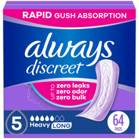 Thumbnail for Always Discreet Adult Incontinence Pads for Women, Drier, 5 Drop Long Length, Heavy Absorbency, Pads for Bladder Control Management, Bladder Leaks, & Postpartum Pads, 64ct