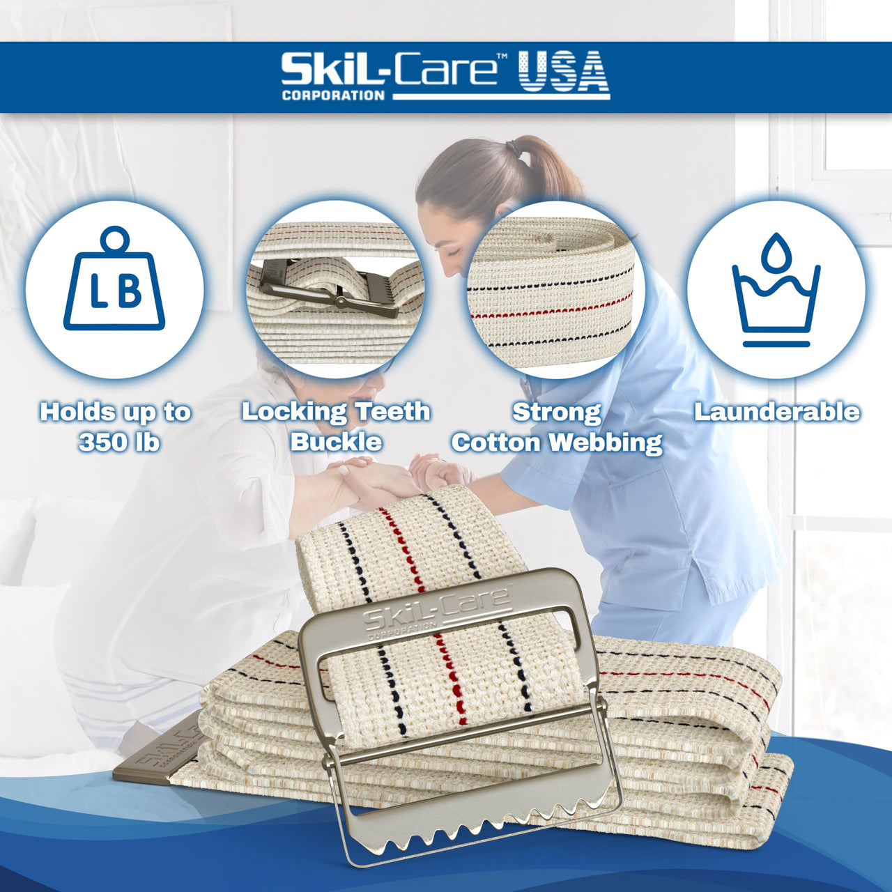 Skil-Care Cotton Gait Belt, Pinstripe, Metal Buckle, 72"L and 2" Wide, Durable Transfer and Physical Therapy Belt, 252074