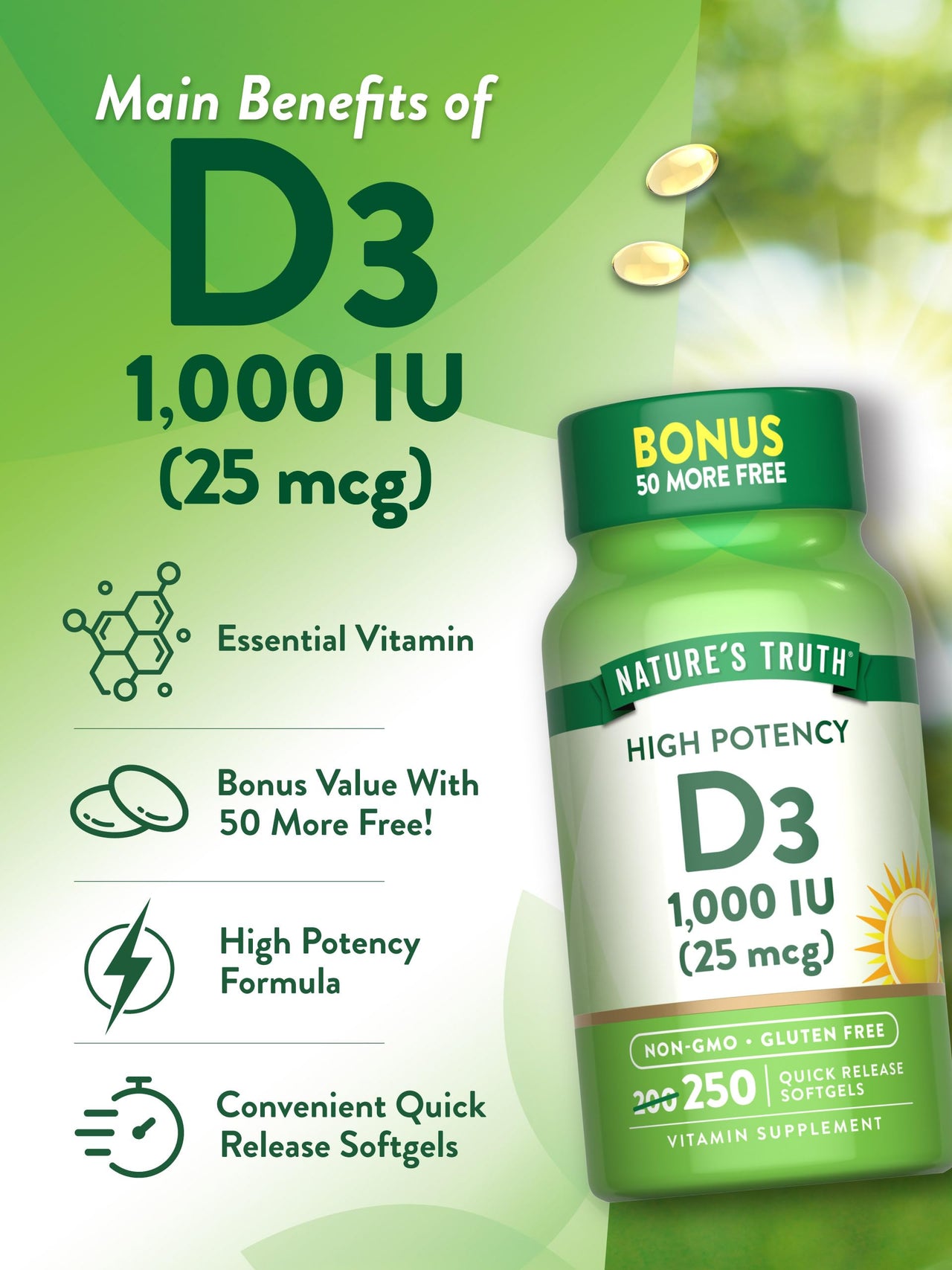 Nature's Truth D3 1000 IU | 250 Softgels | Essential Vitamin D | Non-GMO & Gluten Free Supplement