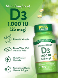 Thumbnail for Nature's Truth D3 1000 IU | 250 Softgels | Essential Vitamin D | Non-GMO & Gluten Free Supplement