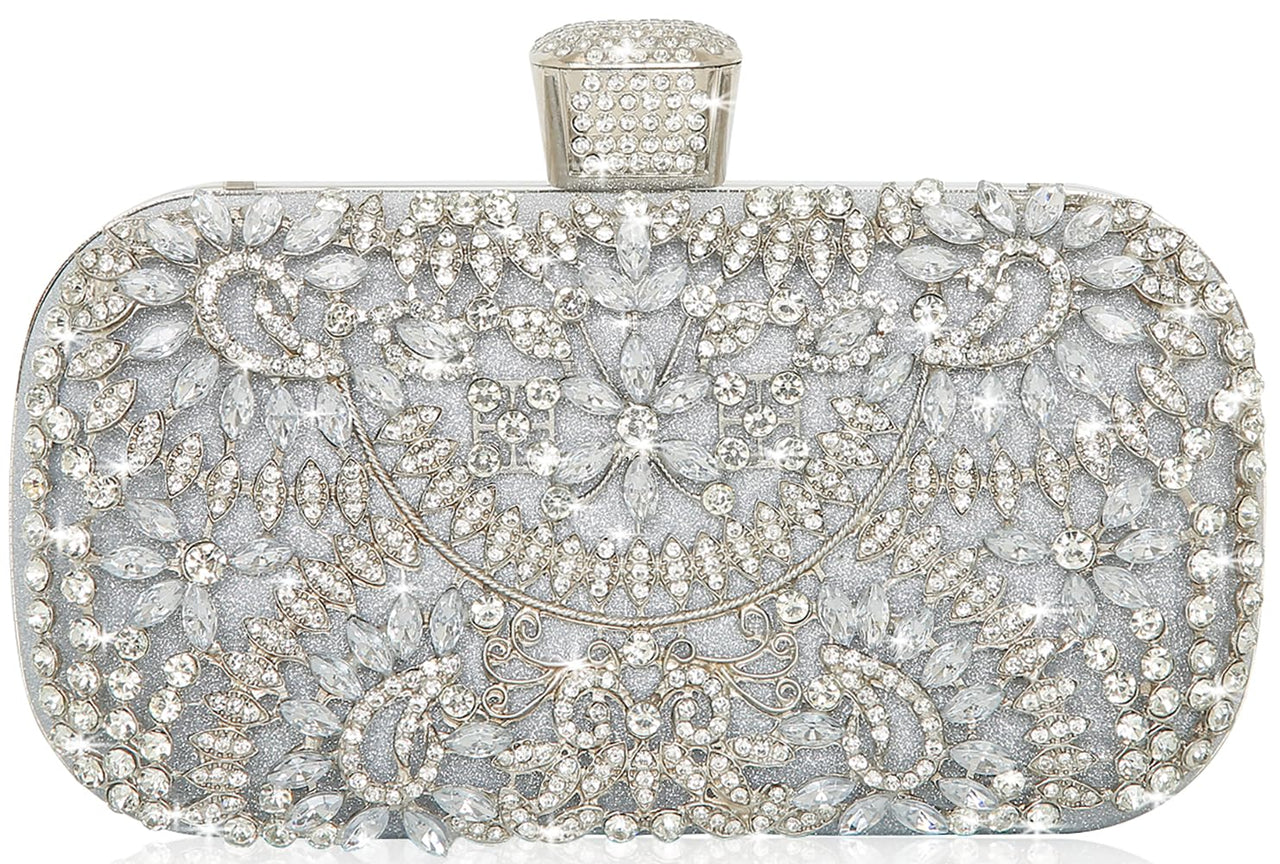 Covelin Women's Rhinestone Decorated Evening Bag, Tote Shoulder Crossbody Handbag with Chain Pure Silver