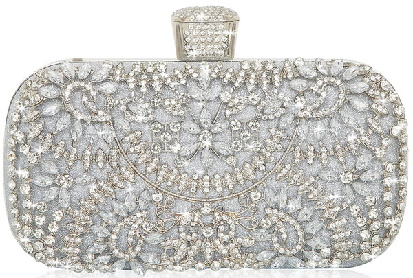 Covelin Women's Rhinestone Decorated Evening Bag, Tote Shoulder Crossbody Handbag with Chain Pure Silver
