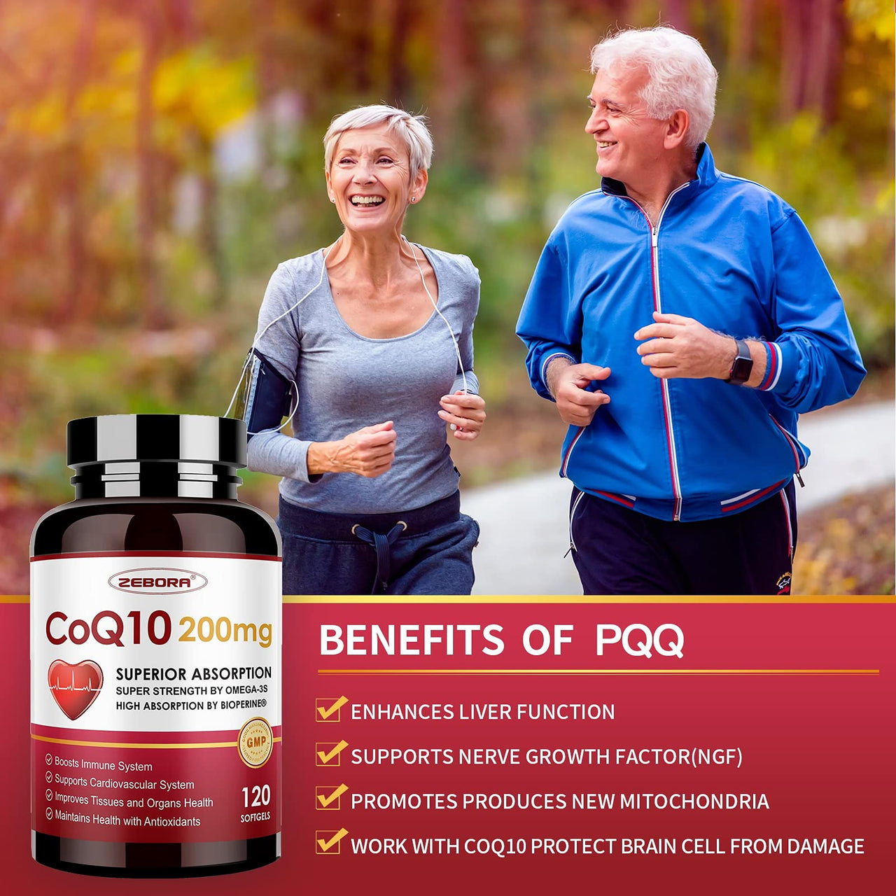 ZEBORA CoQ10-200mg-Softgels with PQQ, BioPerine & Omega-3, 120 Servings Coenzyme Q10(Ubiquinone) Supplement for High-Absorption, Powerful-Antioxidant, Support Heart & Energy-Production