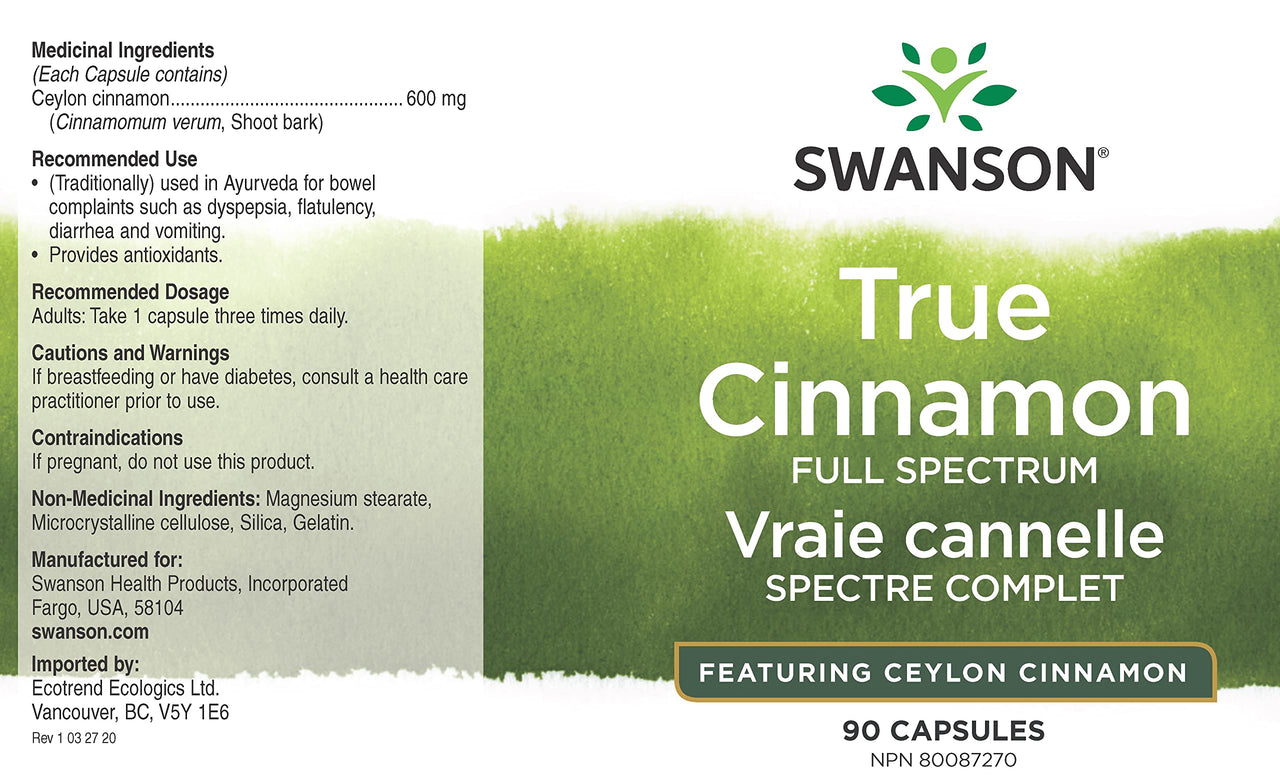 Swanson Full Spectrum True Cinnamon - Herbal Supplement - (120 Capsules, 300mg Each)