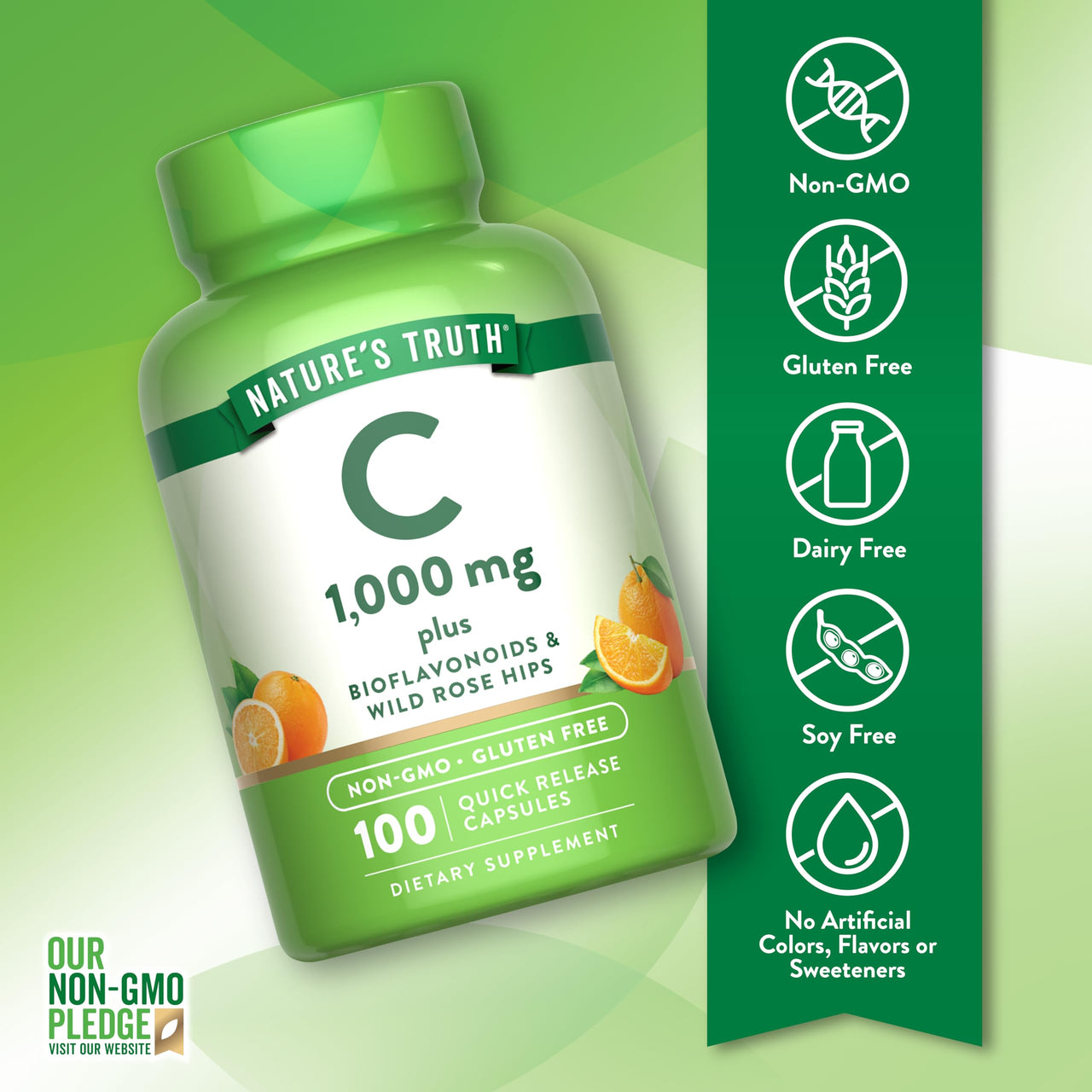 Nature's Truth Vitamin C 1000mg | 100 Capsules | with Wild Rose Hips & Bioflavonoids | Non-GMO & Gluten Free Supplement