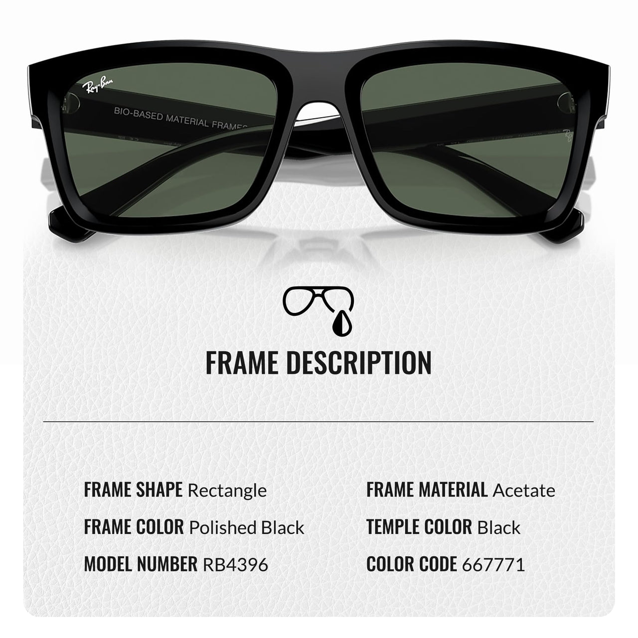 Ray-Ban RB4396 WARREN BIO-BASED Rectangle Shaped Non-Polarized Sunglasses for Men & Women – Includes Official RAYBAN Eyewear Kit – Ideal Formal & Casual Wear Sunglasses – Dark Green Lens