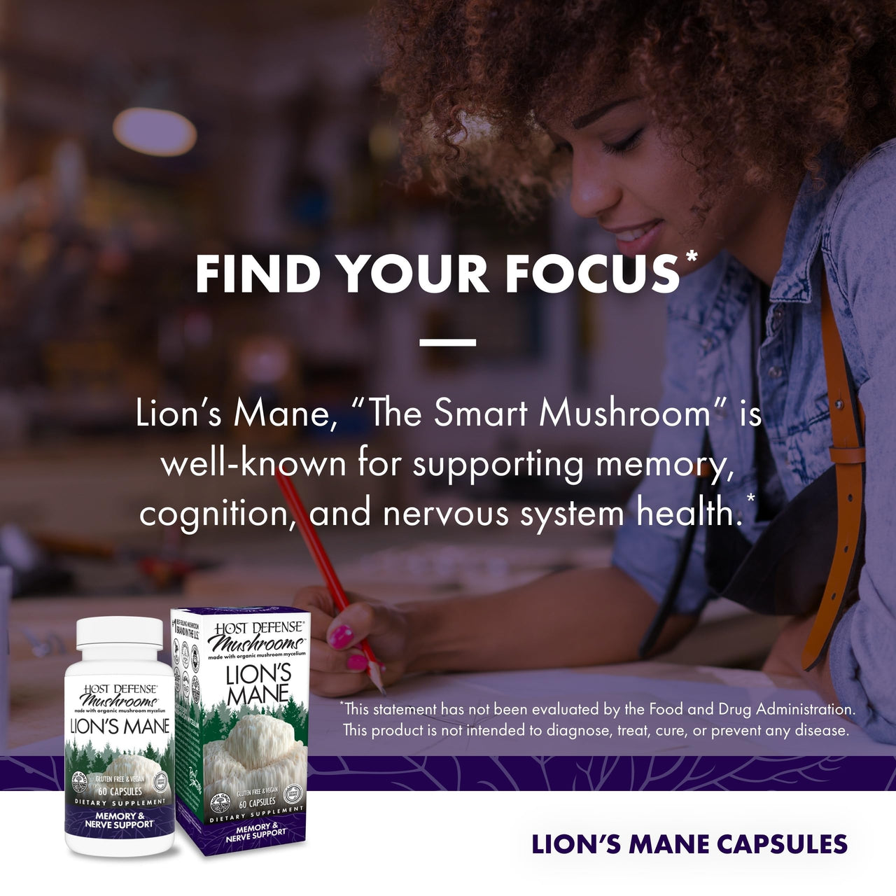 Host Defense Mushrooms Lion's Mane - Supplement Capsules for Brain Health Support - Mushroom Support for Focus & Memory Function - Immune & Nervous System Supplement - 60 Capsules (30 Servings)*