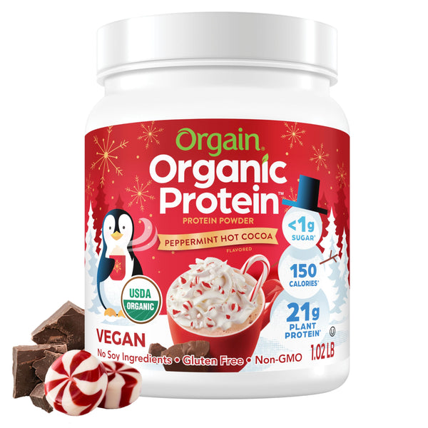 Orgain Organic Vegan Protein Powder, Peppermint Hot Cocoa Holiday Flavor - 21g of Plant Protein, 5g Prebiotic Fiber, No Lactose Ingredients, No Added Sugar, Non-GMO, For Shakes & Smoothies, 1.02 lb