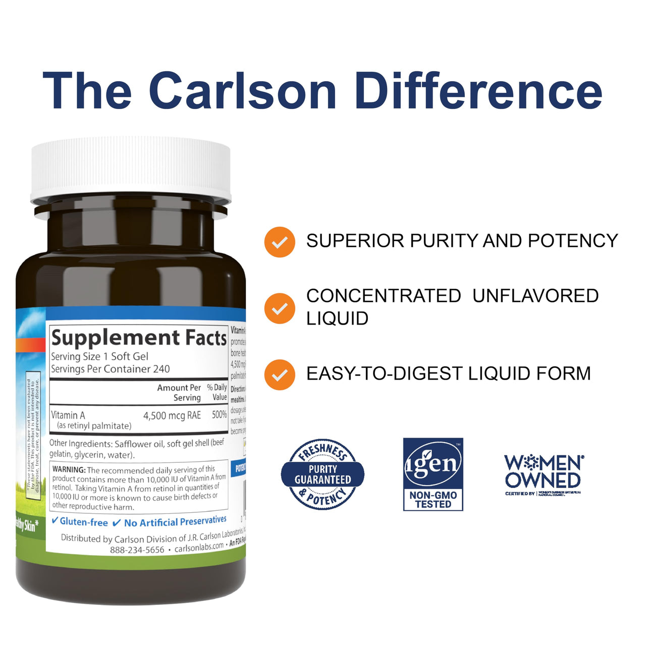Carlson - Vitamin A, 15000 IU Palmitate (4500 mcg RAE), Vision Health & Healthy Skin, Immune Function, 240 Softgels