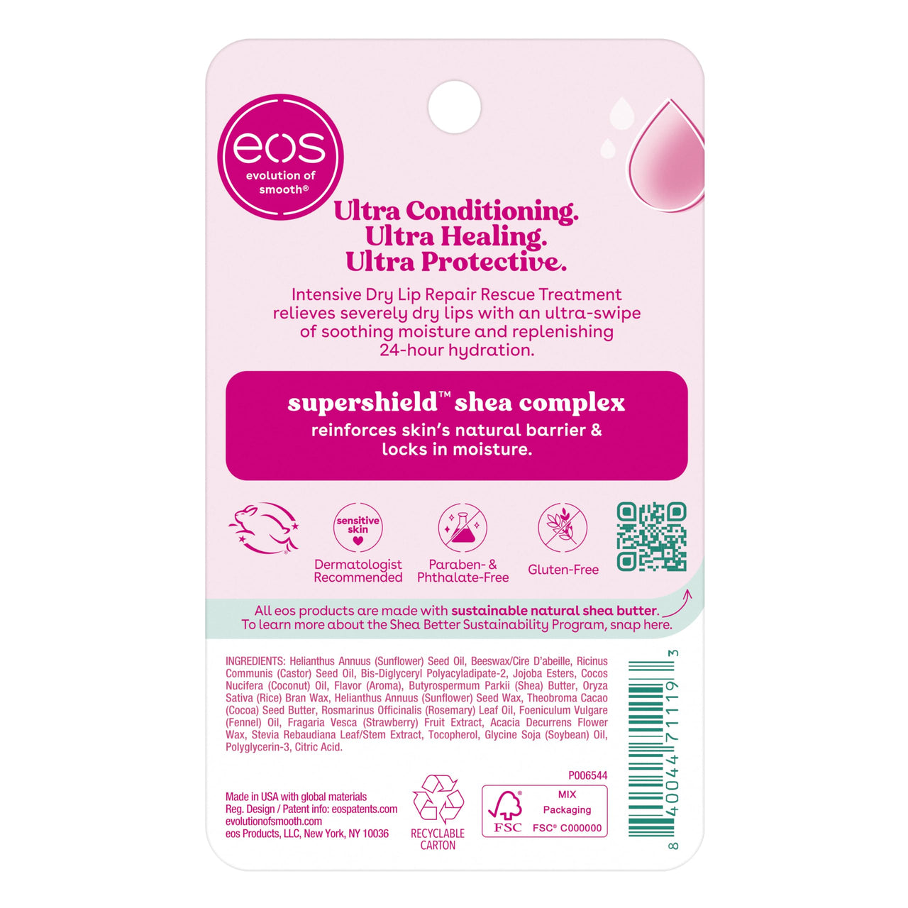 eos The Hero Lip Repair, 24HR Moisture for Severely Dry Lips, Natural Strawberry Extract, Hypoallergenic Moisturizing Lip Balm, 0.14 oz, 2-Pack