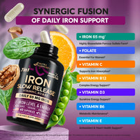 Thumbnail for Iron Supplement for Women - Iron 65mg (Ferrous Sulfate 325mg) - Stomach Friendly | Slow Release Iron | High Absorption - Vitamins C, D3, B6, B12 & Folate - Iron Level & Energy Support - 60 Capsules