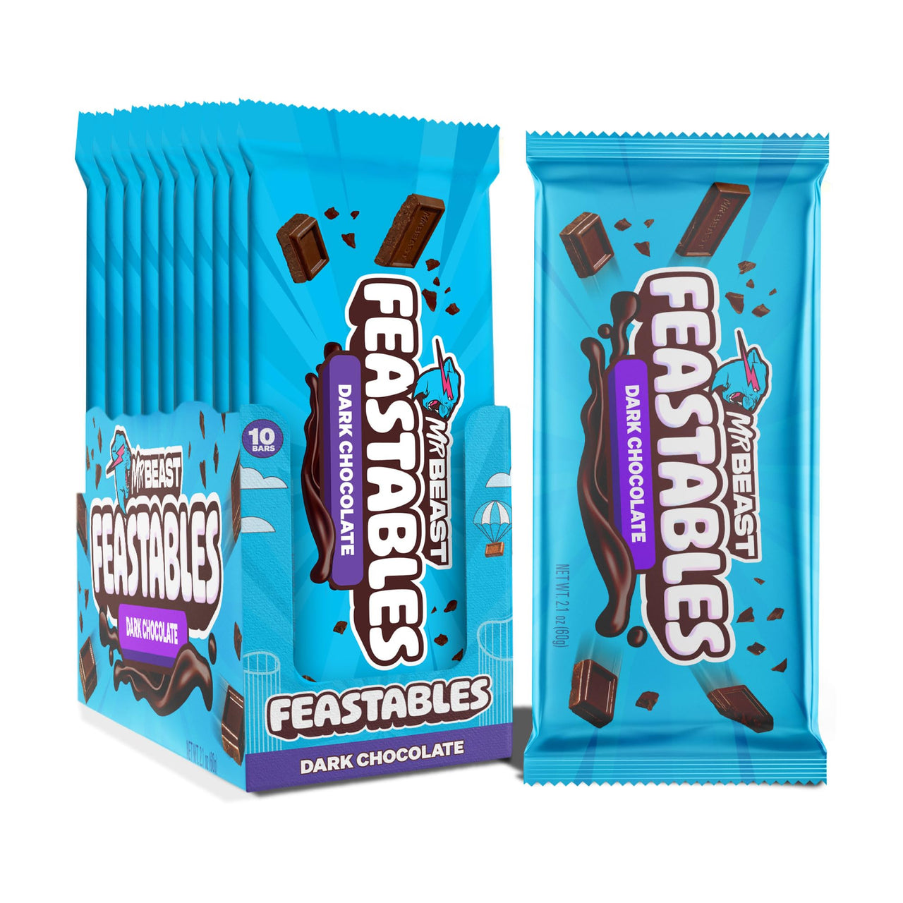 MrBeast Feastables Original Dark Chocolate Bar, King Size, 10 Count, Rich Dark Chocolate Candy, Fairtrade Cocoa, 2.1oz Each
