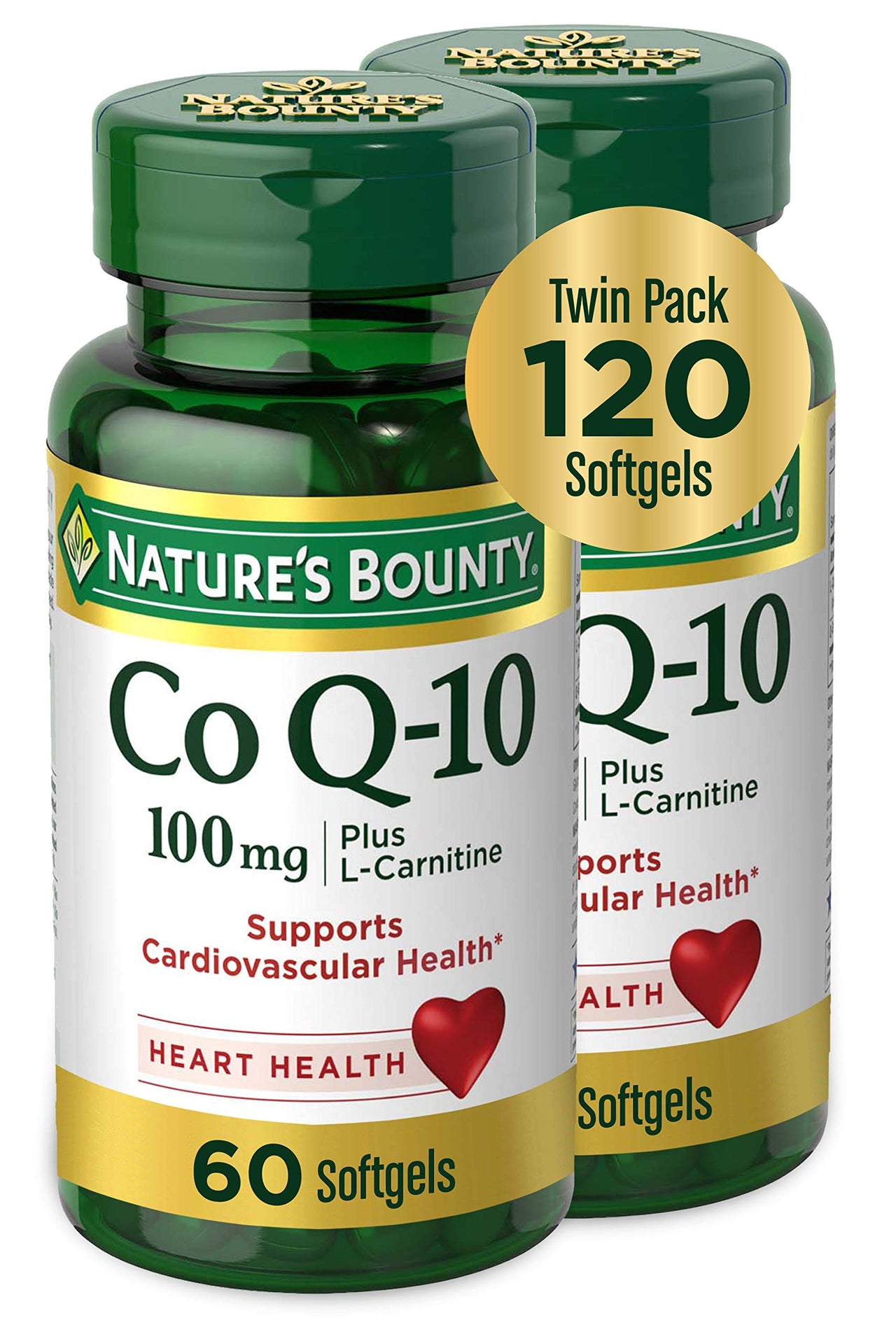CoQ10 by Nature's Bounty, Dietary Supplement, Supports Heart Health, 100mg Plus L-Carnitine, Twin Pack, 120 Softgels