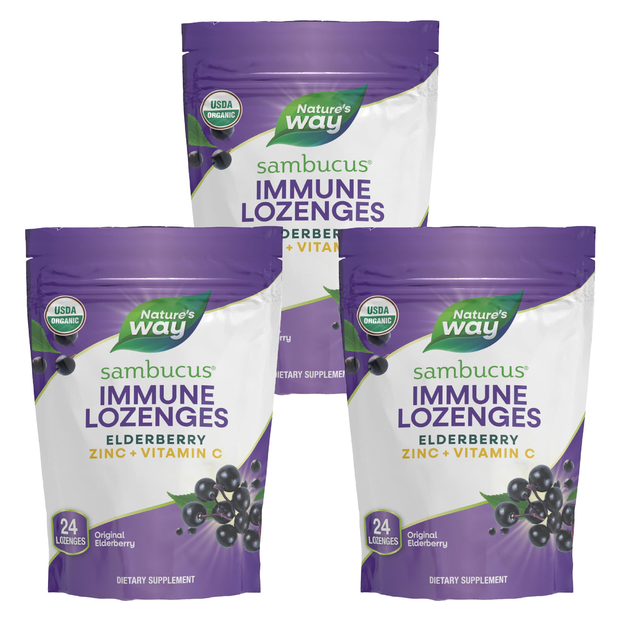 Nature's Way Organic Sambucus Lozenge, Elderberry and Zinc 24 Pieces (Pack of 3)