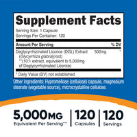 Thumbnail for Nutricost DGL Deglycyrrhizinated Licorice Extract 5,000mg Equivalent from 500mg of 10:1 Extract Per Serving - 120 Capsules for 120 Servings Per Bottle - GMO Free and Gluten Free, Vegan