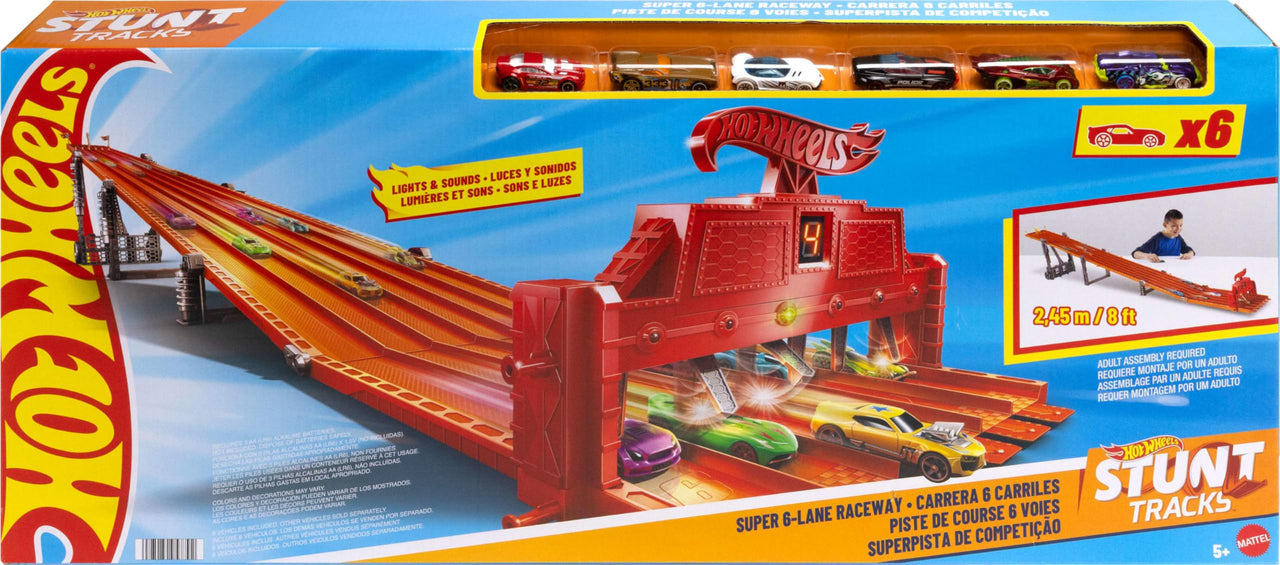 Hot Wheels Toy Car Playset with Lights, Sounds & 6 1:64 Scale Vehicles, Super 6-Lane Raceway, 8-foot Track that Rolls Up for Storage (Amazon Exclusive)