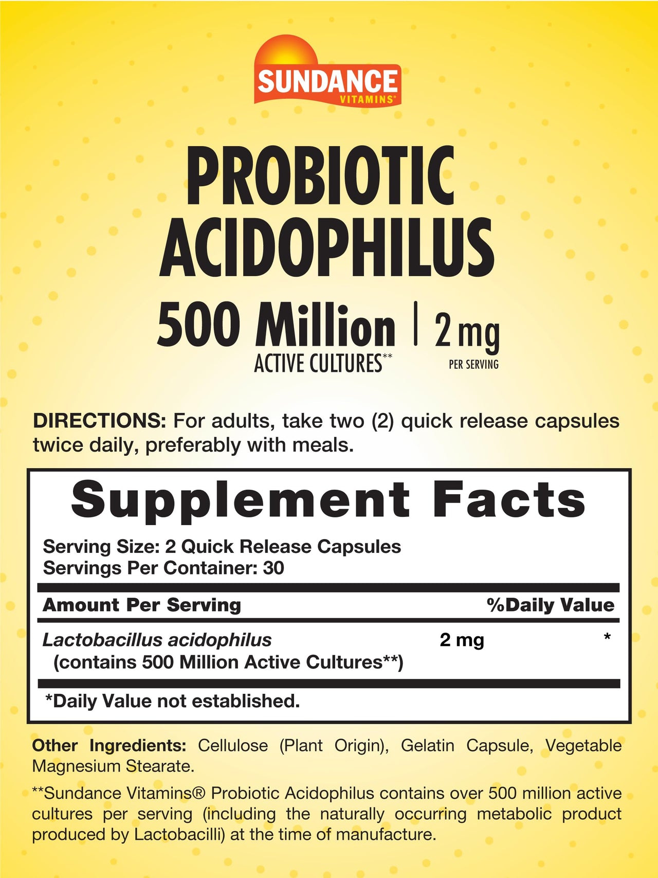 Sundance Probiotic Acidophilus | 500 Million Active Cultures | 60 Quick Release Capsules | Non-GMO, Gluten Free Supplement