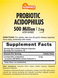 Thumbnail for Sundance Probiotic Acidophilus | 500 Million Active Cultures | 60 Quick Release Capsules | Non-GMO, Gluten Free Supplement