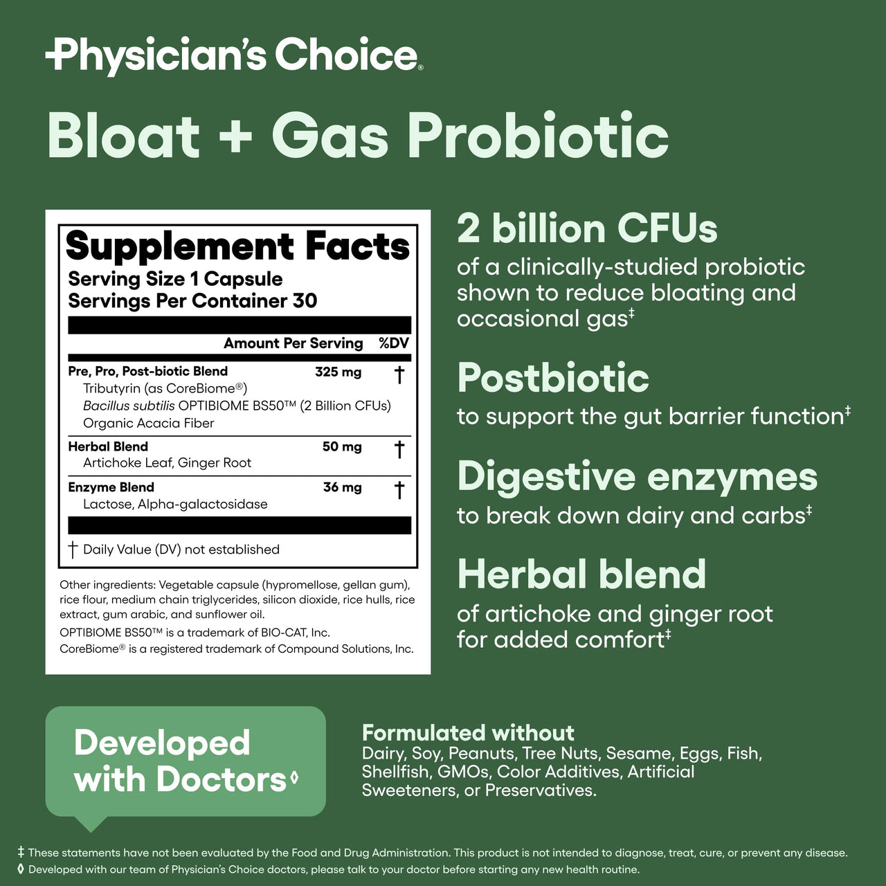 Physician's CHOICE Bloat & Gas Probiotic 5-in-1 Proactive Support + Daily Relief - Digestion & Gut Health- Herbals, Digestive Enzymes, Post & Prebiotics - Gas Relief for Adults - Women & Men - 30ct