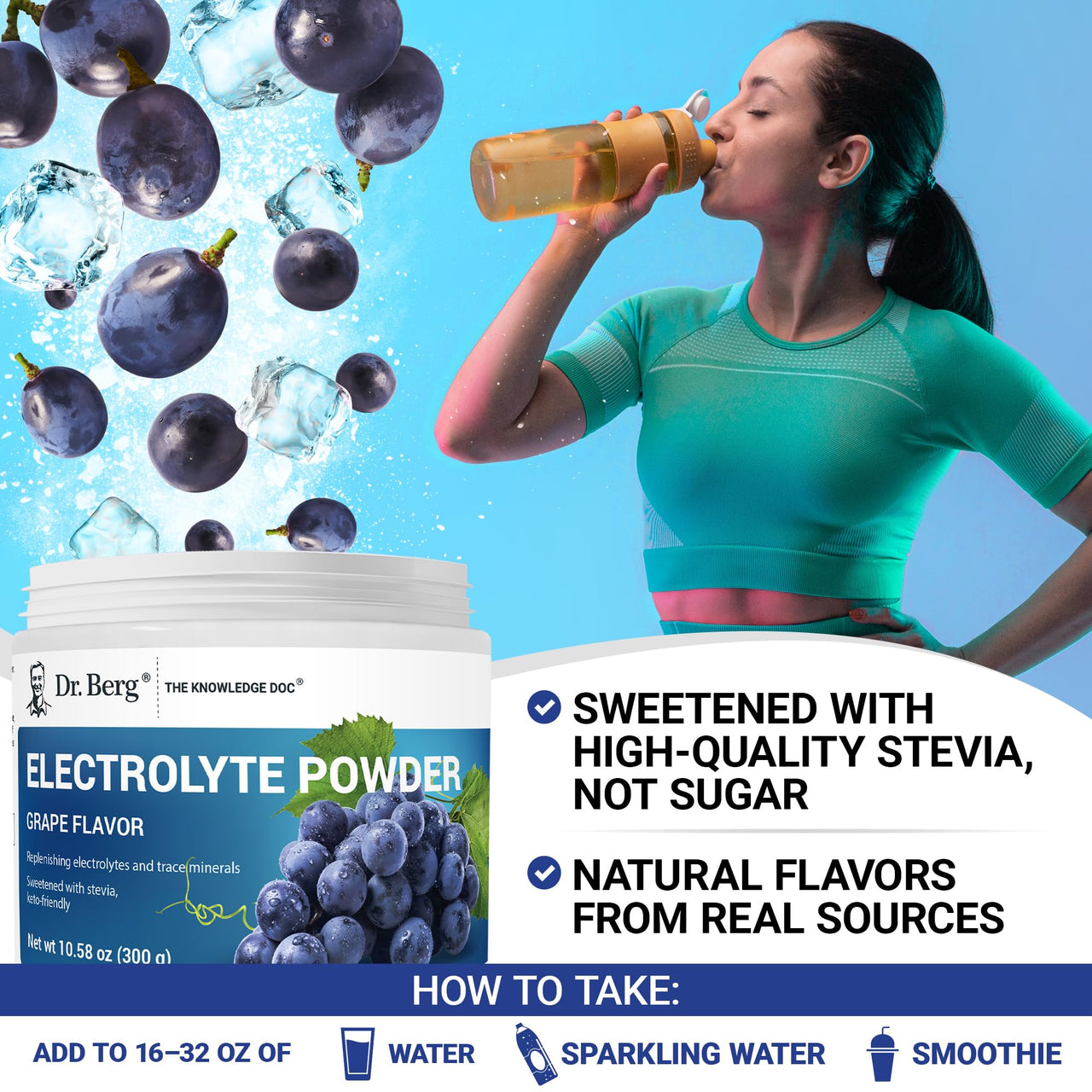 Dr. Berg Zero Sugar Hydration Keto Electrolyte Powder - Enhanced w/ 1000 mg of Potassium & Real Pink Himalayan Salt (NOT Table Salt) - Grape Flavor Hydration Drink Mix Supplement - 50 Servings