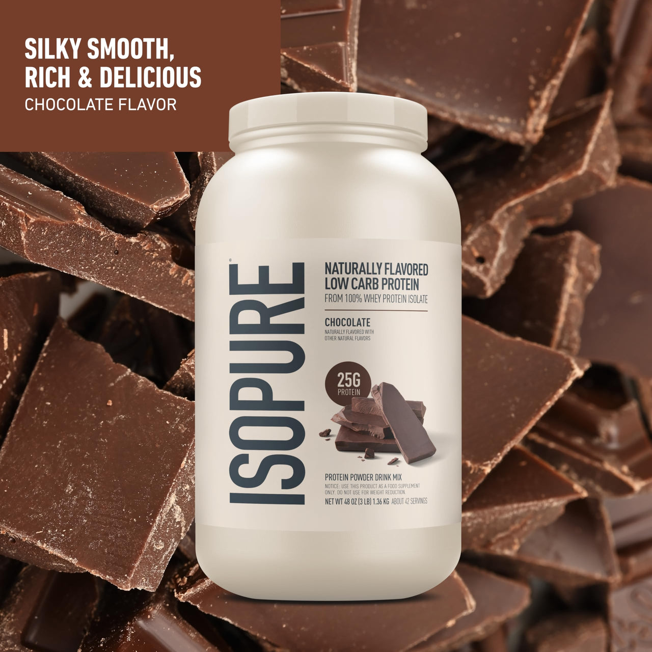 Isopure Low Carb 100% Pure Whey Isolate Protein Powder, Lactose Free, Gluten Free, with Vitamins, Chocolate, 25g Protein Per Serving, 3 Lbs, 42 Servings (Packaging May Vary)