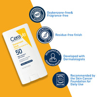 Thumbnail for CeraVe Mineral Sunscreen Stick SPF 50, Broad Spectrum SPF + Hyaluronic Acid + Ceramides, Titanium Dioxide & Zinc Oxide, 100% Mineral Face Sunscreen Stick, Fragrance Free & Oil Free