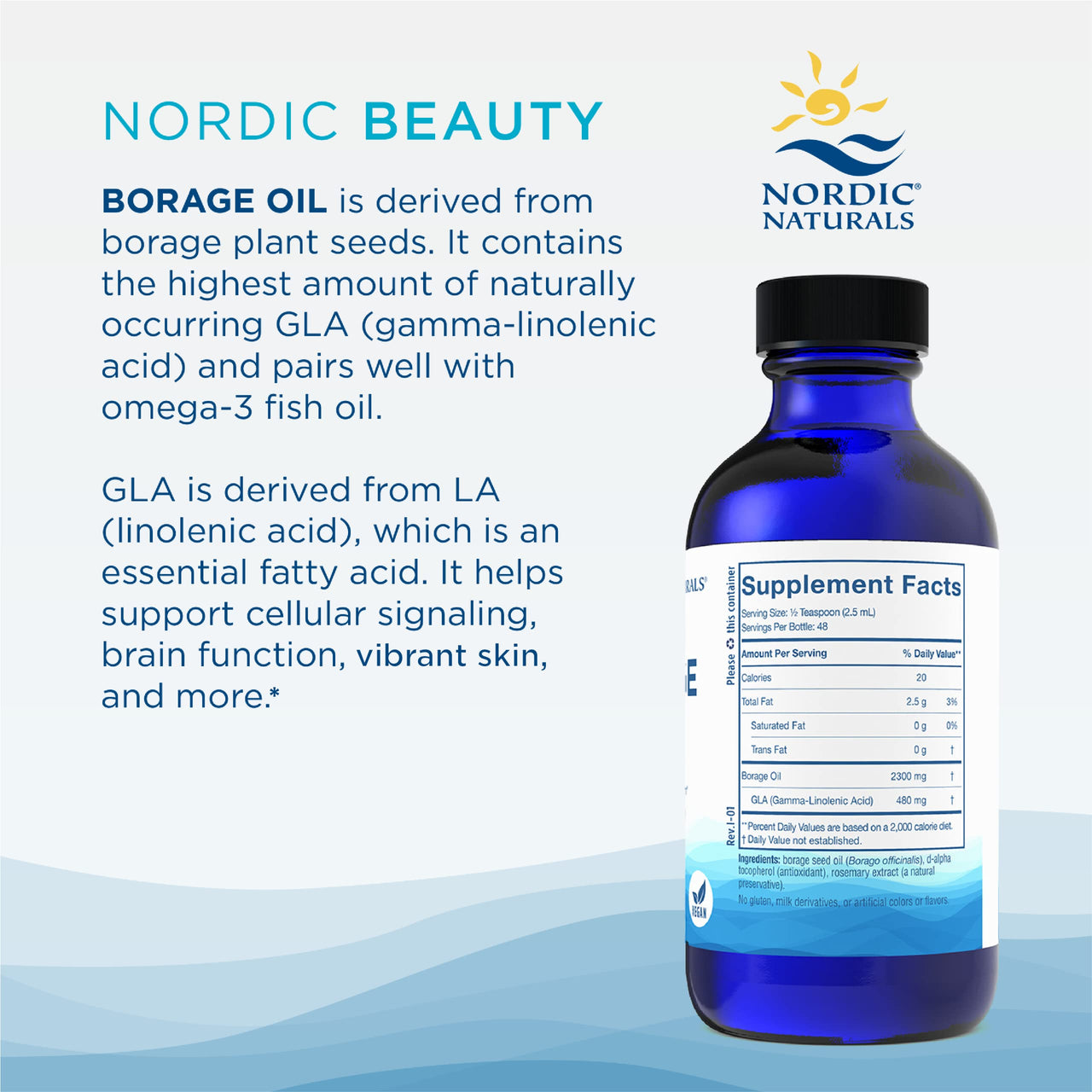 Nordic Naturals Nordic Beauty Borage Oil, Unflavored - 4 Ounces - Borage Seed Oil, Unique Omega-6 for Healthy and Hydrated Skin, 480 Milligrams of GLA - Non-GMO - Vegan, 48 Servings