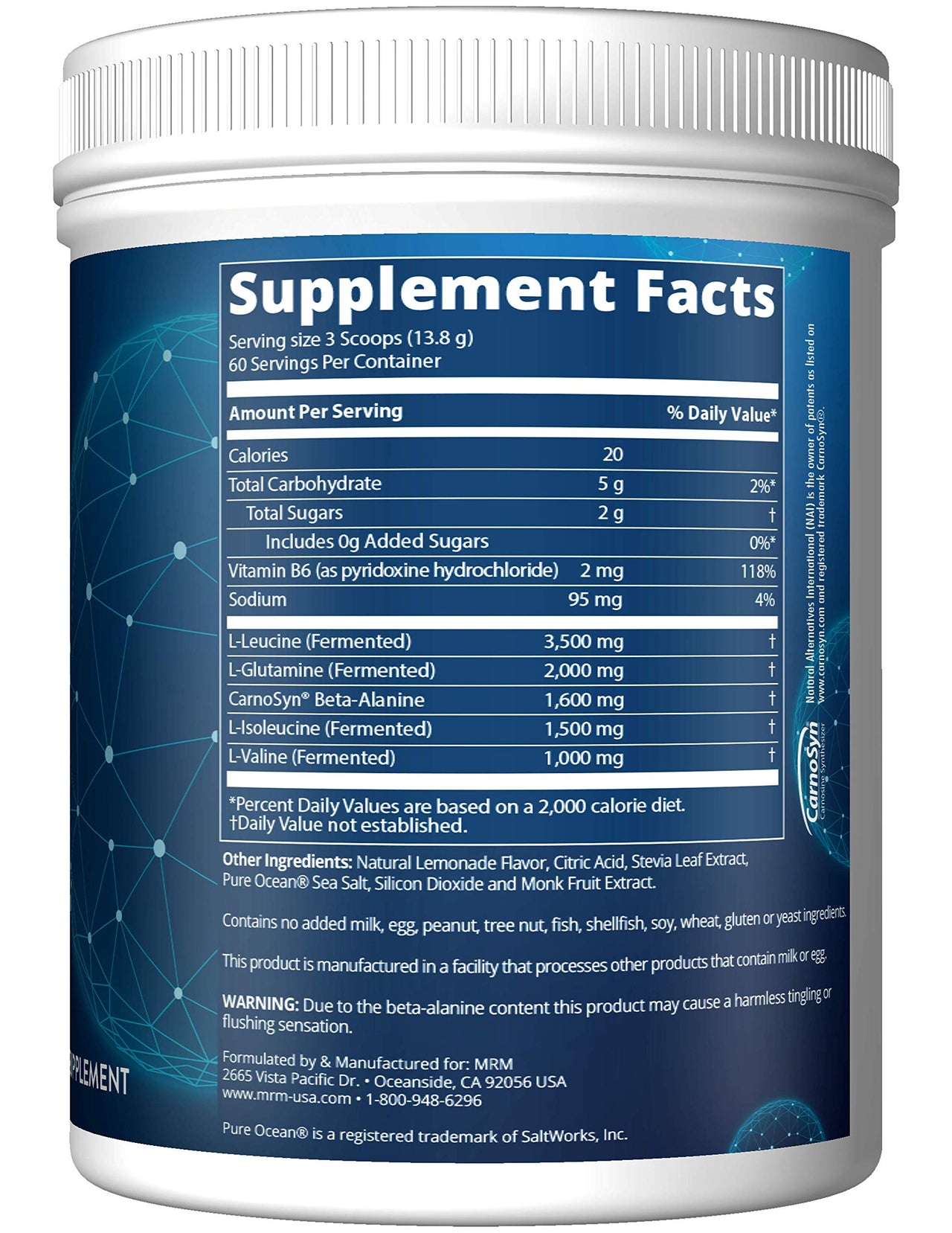 MRM BCAA+G RELOAD Post-Workout Recovery – Lemon, 840g - 60 Servings Per Container