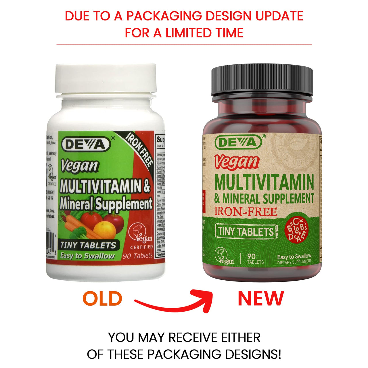 DEVA Vegan Iron-Free Multivitamin & Mineral Supplement, Vitamin C, D2, E & B-Complex, Biotin, 90 Tiny Tablets