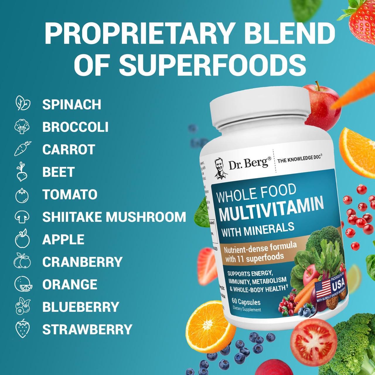 Dr. Berg Whole Food Multivitamin with Minerals - Daily Multivitamin for Men and Women - Includes Premium Whole Food Fruits and Vegetable Blend with Folate, Alpha-lipoic Acid and More - 60 Capsules