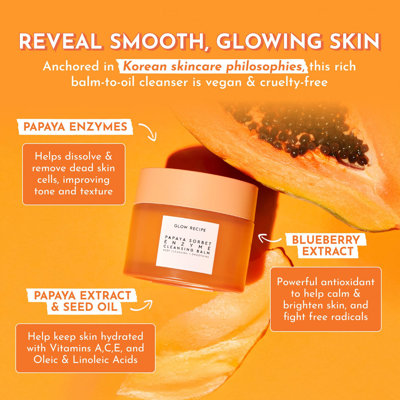 Glow Recipe Papaya Enzyme Cleansing Balm, Korean Double Cleanse First Cleanser, Makeup Remover + Cleansing Oil Balm, Gentle Exfoliating Face Cleanser, Hydrating (3.38 oz)