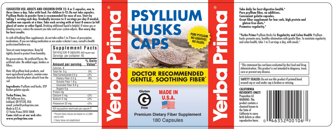 Yerba Prima Psyllium Husks Caps Dietary Fiber 625 mg, 180 Capsules - Colon Cleansing Supplement - Gut Health - Non-GMO Gluten Free