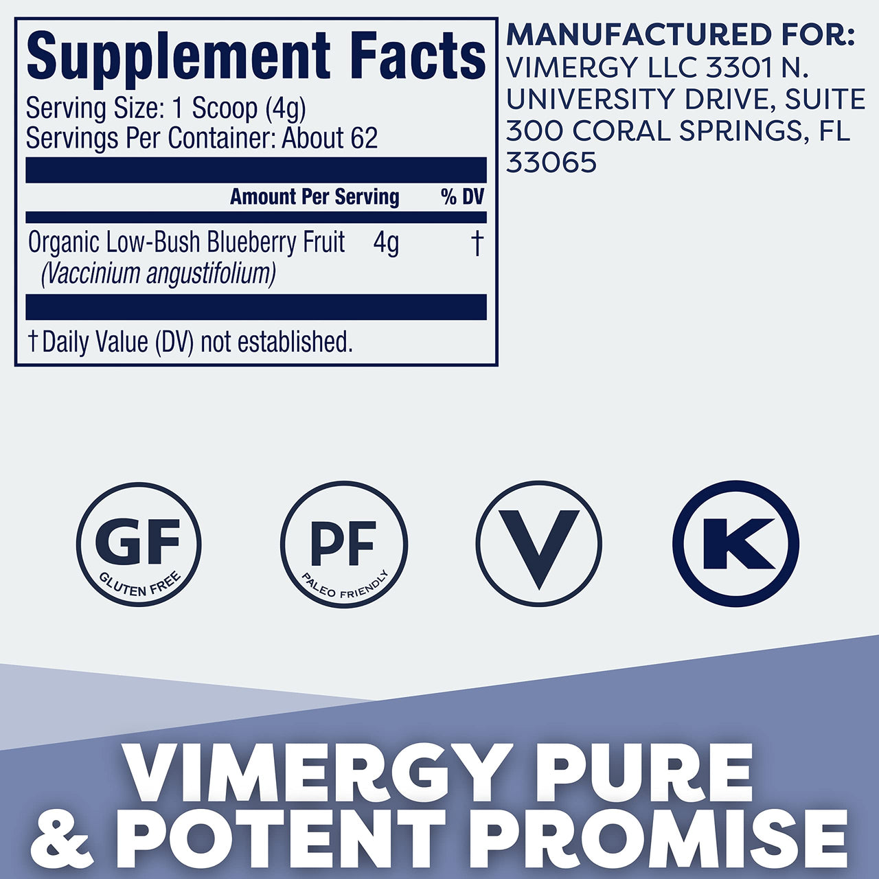 Vimergy Wild Blueberry Powder –Protects Brain Health* - Supports Cardiovascular Function* – USDA Organic, Vegan & Gluten-Free – 250g