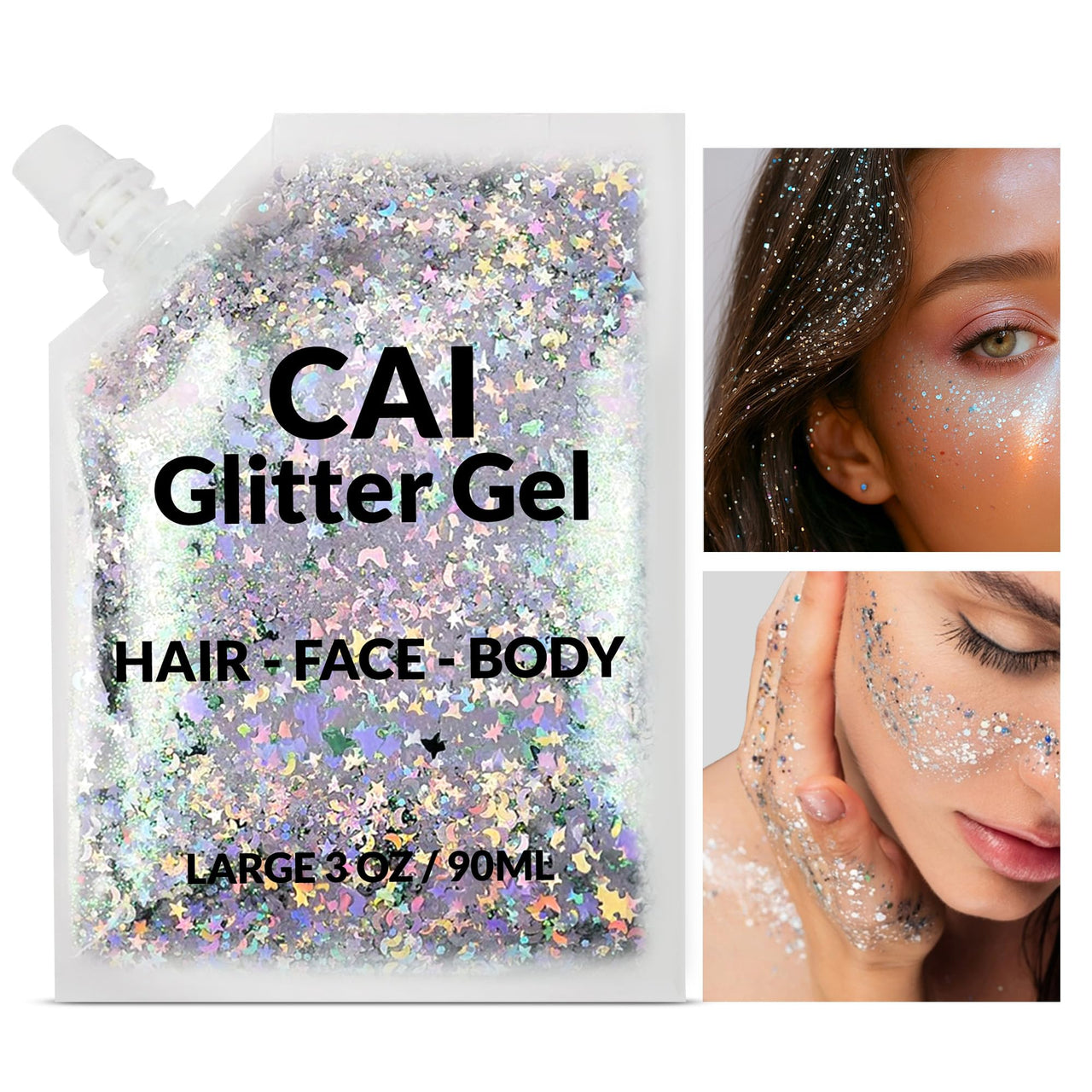 Face, Body & Hair Glitter Gel – Rave Glitter for Kids and Women – 3 Oz Cosmetic-Grade Gel w/Moon & Stars for Festivals & Halloween Party, Easy Apply & Wash Off - Silver 1Pack
