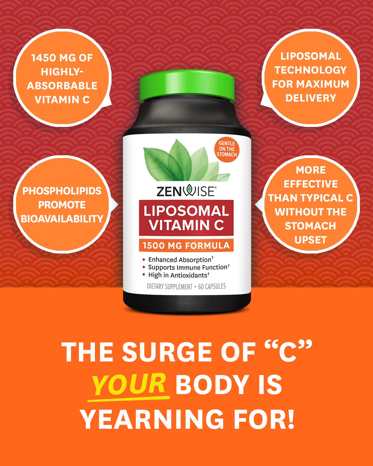 Zenwise Health Liposomal Vitamin C Supplement, 1500 MG Enhanced Absorption Organic Vitamin C Liposomal for Antioxidant, Immune, Natural Energy Boost, and Skin Care Support - 60 CT