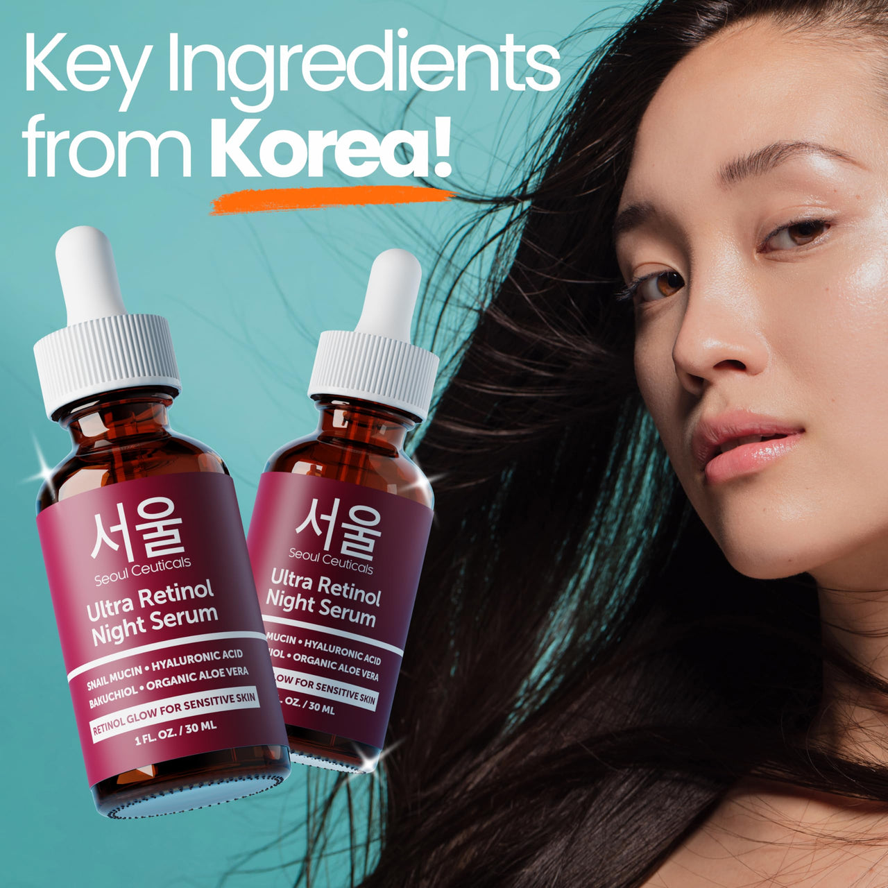 SeoulCeuticals 1% Korean Retinol Night Serum for Face - 97.5% Snail Mucin + Hyaluronic Acid + Bakuchiol, Cruelty Free K Beauty for Sensitive Skin 1oz